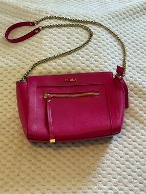 Furla Hot Pink Leather Crossbody with Gold Chain Strap